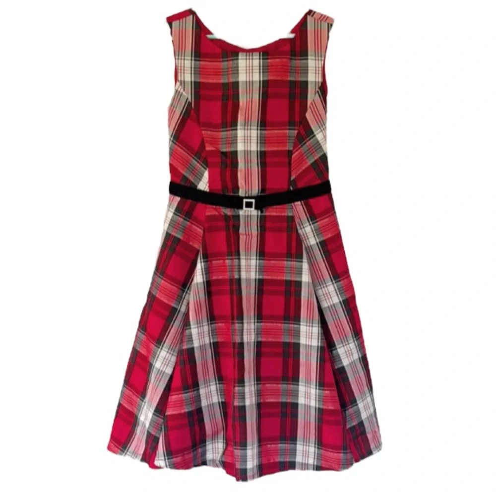 Jona Michelle red black plaid bow belt sleeveless Christmas holiday dress size 8